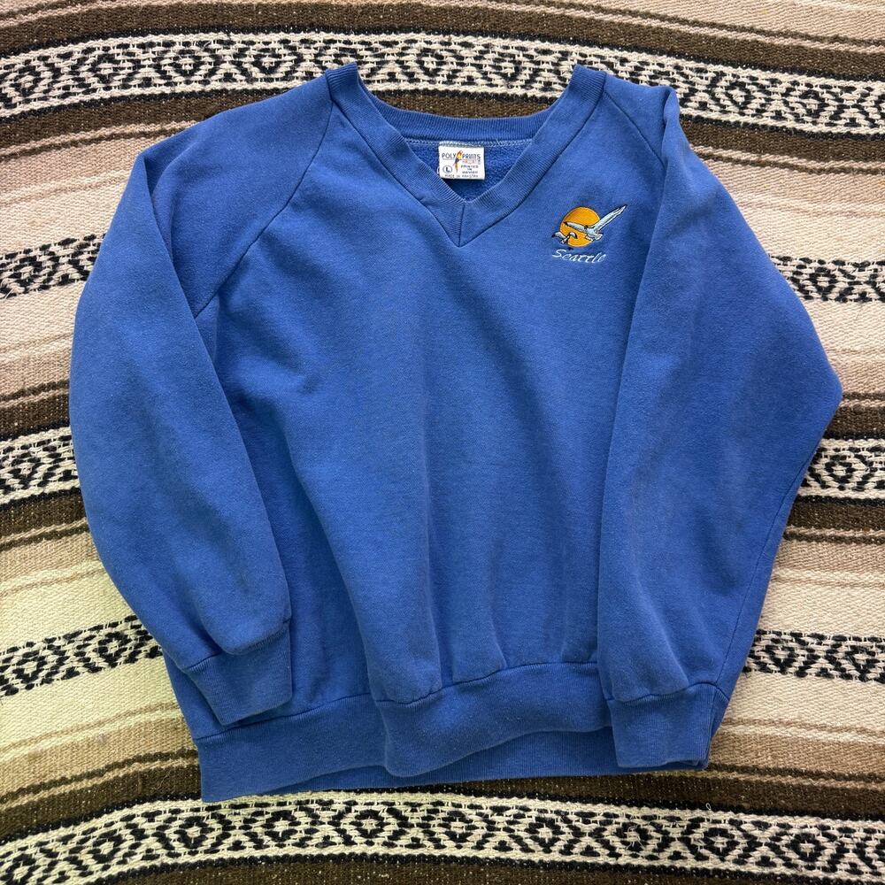 Women's Vintage 90's Seattle Birds Blue V-Neck Pullover Sweatshirt Sz Large VTG